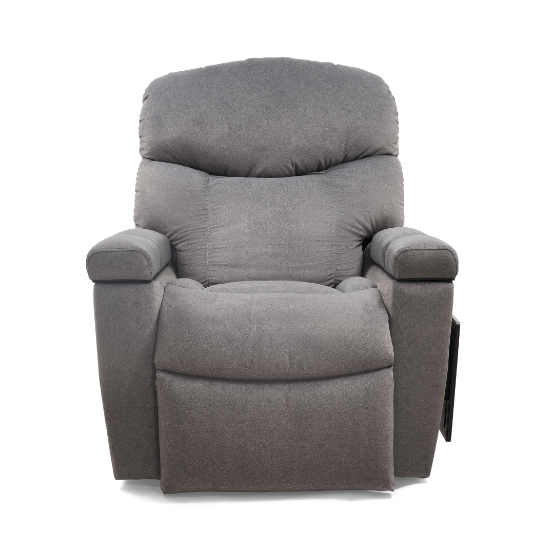 The Golden Tech PR525 Cloud+ Recliner With Lift Assist & Twilight is a plush gray ergonomic chair with wide armrests and a cushioned backrest, shown from the front on a white background.